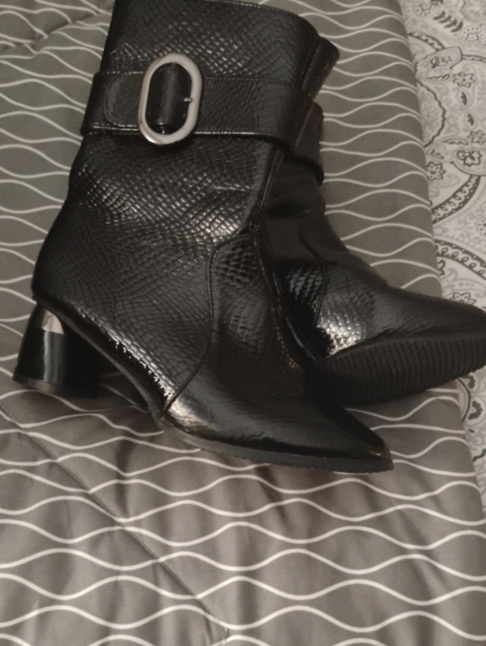 Patent Black Ankle Booties with Decorative Buckle